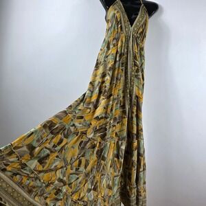 Silk/ Viscos Maxi Dress Women S-XL Gold  Boho Halter Tiered Geometric